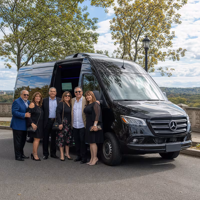 Group beside a Mercedes Sprinter limo from the Morristown fleet