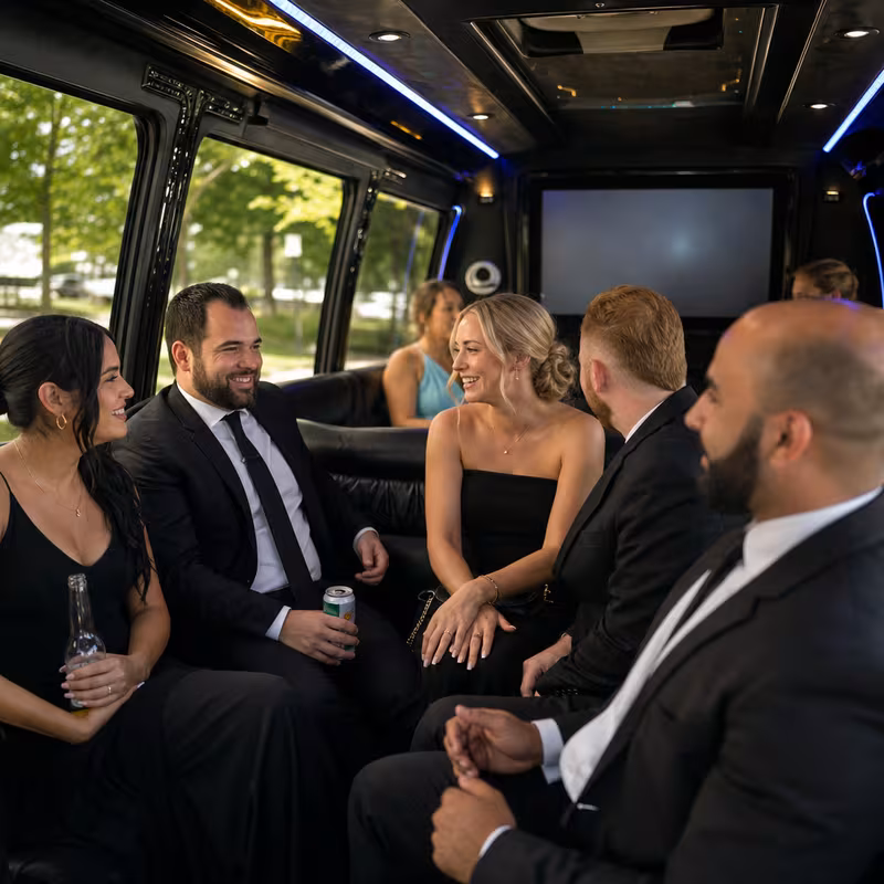 Wedding guests seated inside a Morristown party bus
