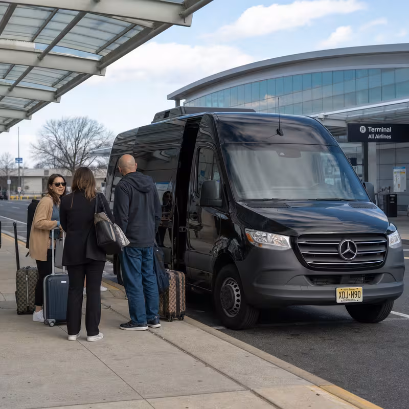 Group boarding a white charter bus for Airport Transportation transportation in Morristown