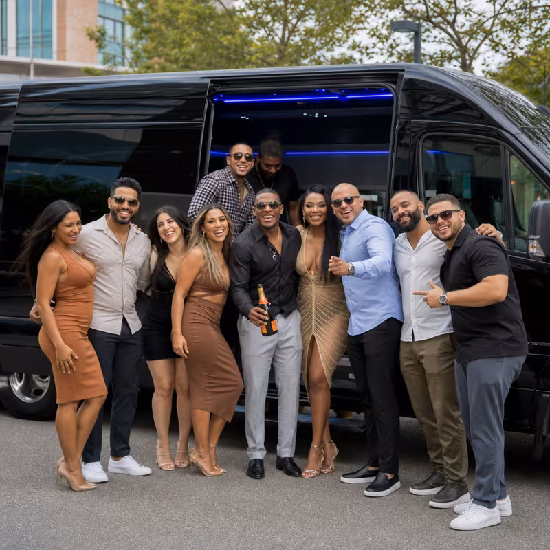 Group boarding a white charter bus for Birthday Transportation transportation in Morristown