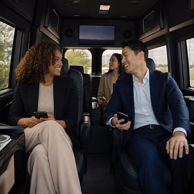 Group boarding a white charter bus for Corporate Transportation transportation in Morristown