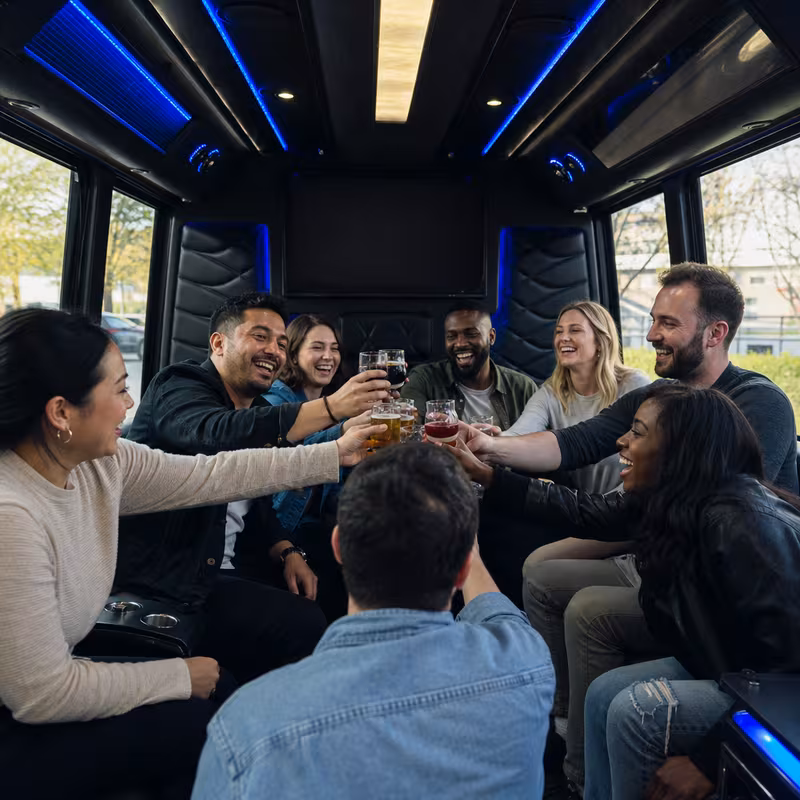 Group boarding a white charter bus for Winery & Brewery Tour Transportation transportation in Morristown
